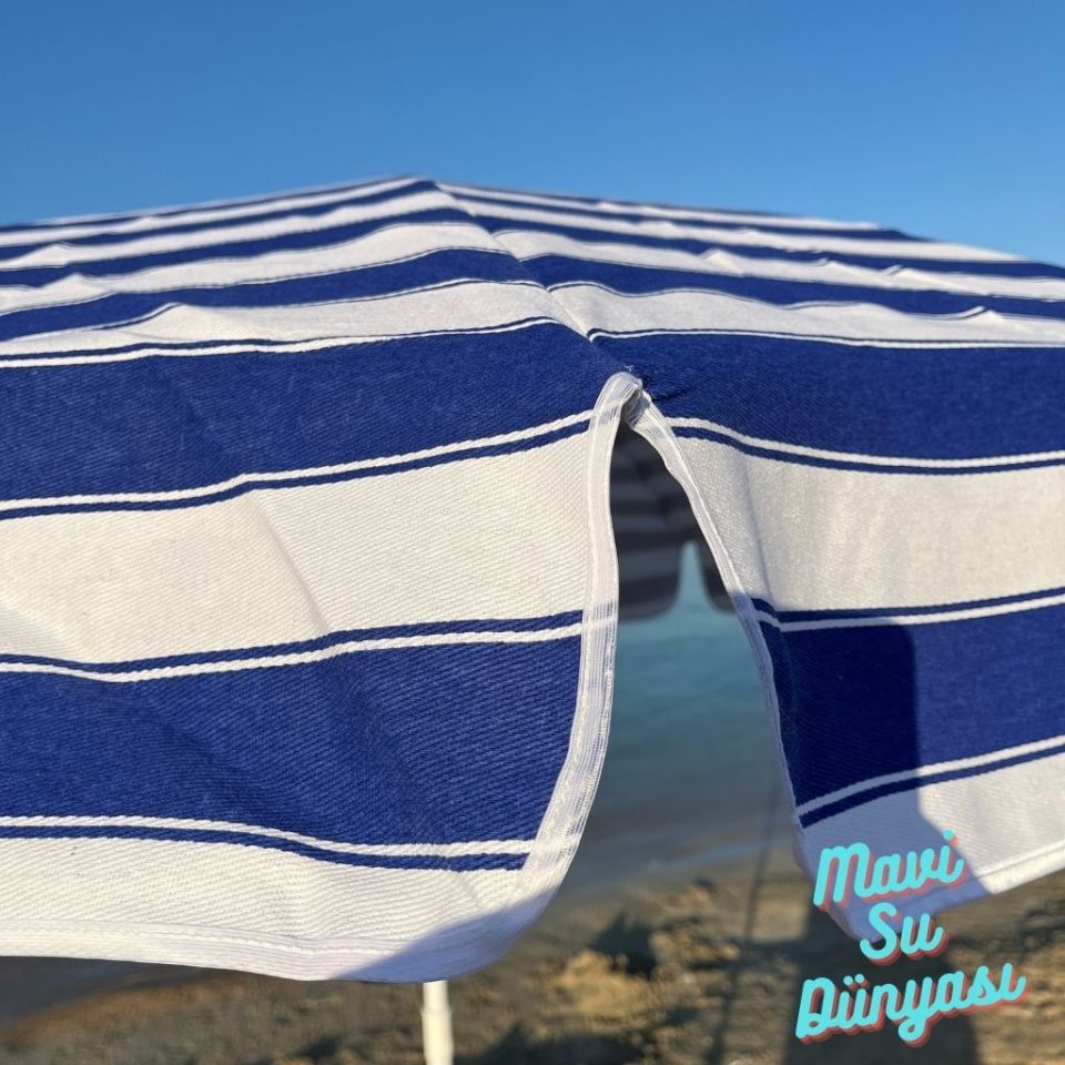 Mavi Beyaz Renk Plaj, Deniz, Balkon Şemsiyesi (Pamuk Kumaşlı) 2 Metre 10 Telli Bidonsuz Şemsiye