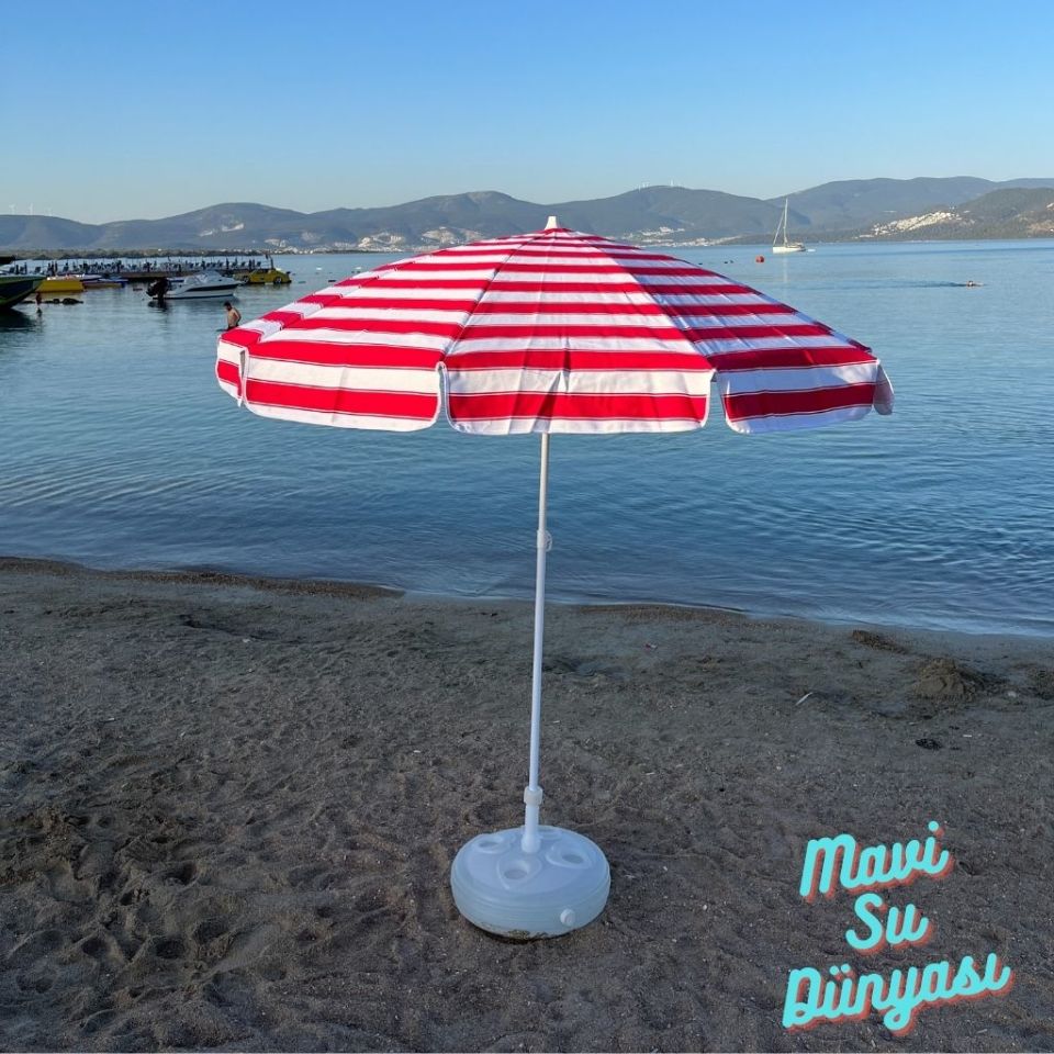 Kırmızı Beyaz Renk Plaj, Deniz, Balkon Şemsiyesi (Pamuk Kumaşlı) 2 Metre 10 Telli Bidonsuz Şemsiye