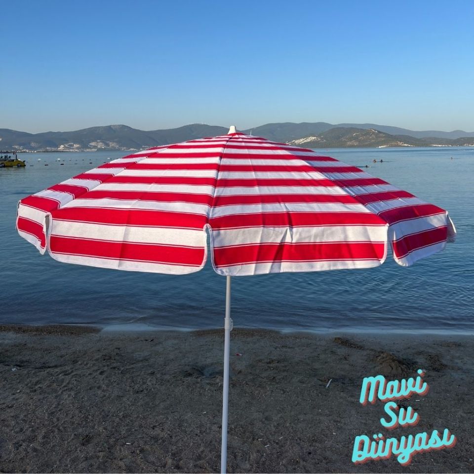 Kırmızı Beyaz Renk Plaj, Deniz, Balkon Şemsiyesi (Pamuk Kumaşlı) 2 Metre 10 Telli Bidonsuz Şemsiye