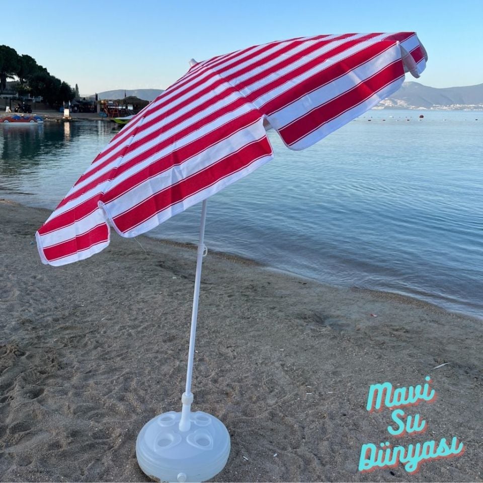 Kırmızı Beyaz Renk Plaj, Deniz, Balkon Şemsiyesi (Pamuk Kumaşlı) 2 Metre 10 Telli Bidonsuz Şemsiye