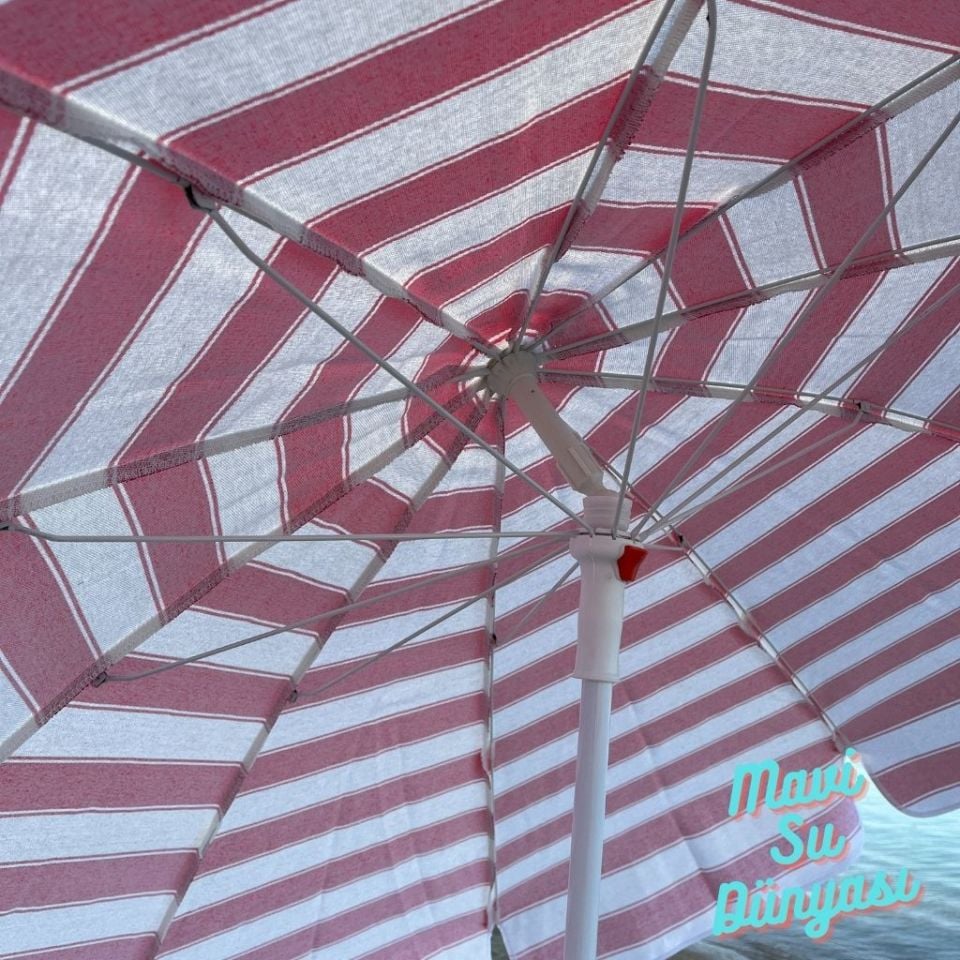 Kırmızı Beyaz Renk Plaj, Deniz, Balkon Şemsiyesi (Pamuk Kumaşlı) 2 Metre 10 Telli Bidonsuz Şemsiye
