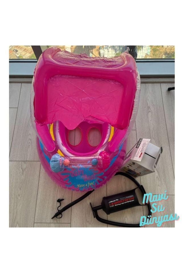 Pompa Dahil Gölgelikli Pembe Renk Unicorn, Deniz Simidi, Bebek Havuz Simidi, 0-4 Yaş 71cm