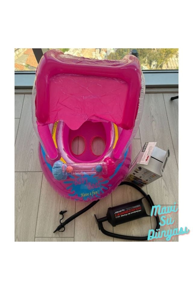 Pompa Dahil Gölgelikli Pembe Renk Unicorn, Deniz Simidi, Bebek Havuz Simidi, 0-4 Yaş 71cm