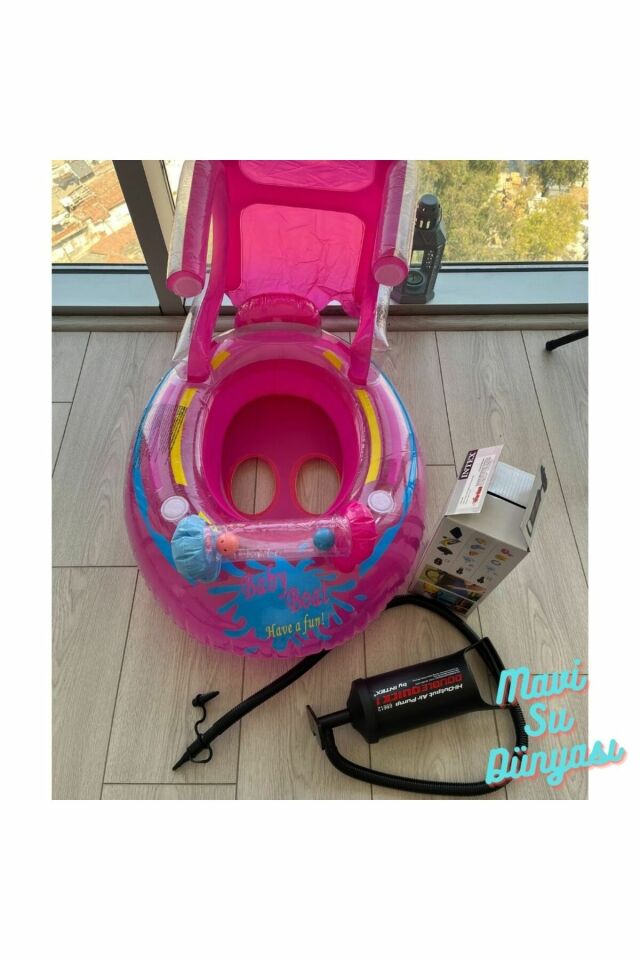 Pompa Dahil Gölgelikli Pembe Renk Unicorn, Deniz Simidi, Bebek Havuz Simidi, 0-4 Yaş 71cm