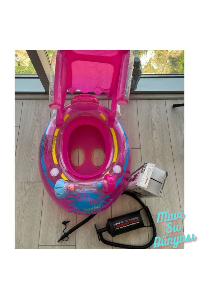 Pompa Dahil Gölgelikli Pembe Renk Unicorn, Deniz Simidi, Bebek Havuz Simidi, 0-4 Yaş 71cm