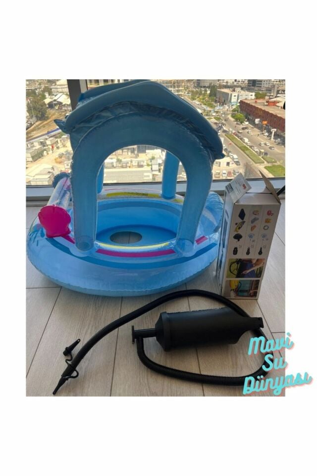 Pompa Dahil Gölgelikli Mavi Renk Bebek Deniz Simidi, Bebek Havuz Simidi, 0-3 Yaş 71cm*60cm