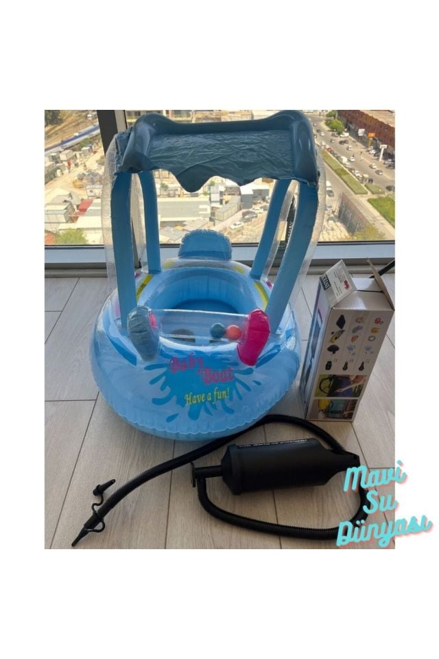 Pompa Dahil Gölgelikli Mavi Renk Bebek Deniz Simidi, Bebek Havuz Simidi, 0-3 Yaş 71cm*60cm