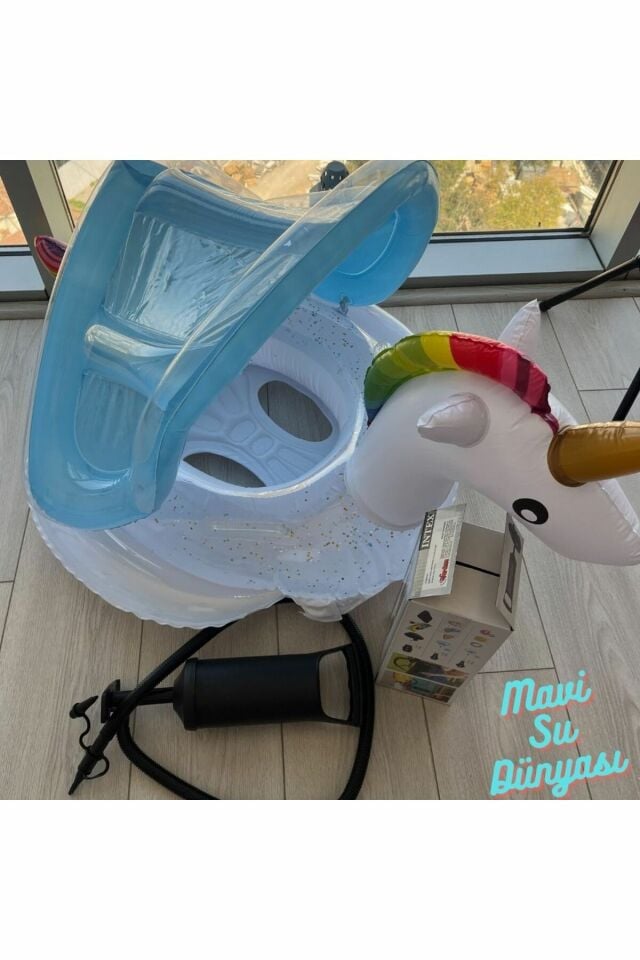 Pompa Dahil Gölgelikli Beyaz Renk Unicorn, Deniz Simidi, Bebek Havuz Simidi, 0-4 Yaş 85cm