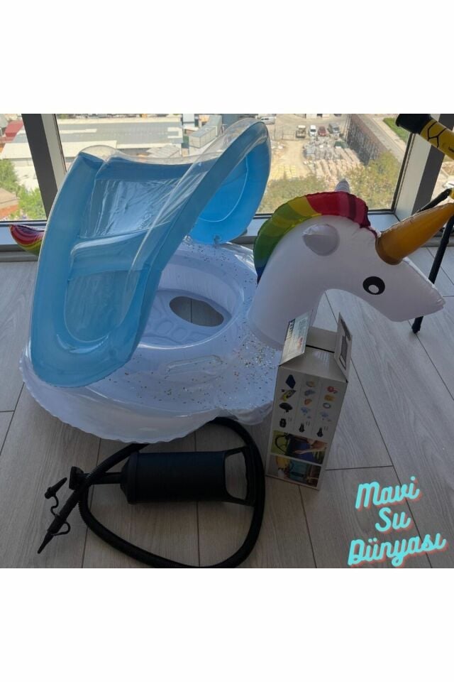 Pompa Dahil Gölgelikli Beyaz Renk Unicorn, Deniz Simidi, Bebek Havuz Simidi, 0-4 Yaş 85cm