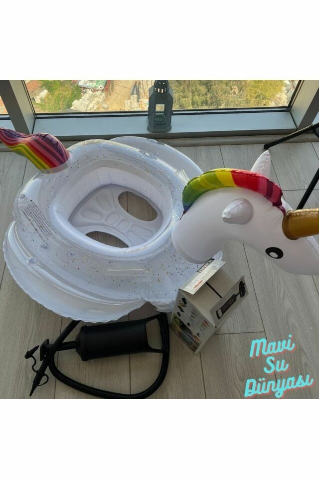 Pompa Dahil Gölgelikli Beyaz Renk Unicorn, Deniz Simidi, Bebek Havuz Simidi, 0-4 Yaş 85cm