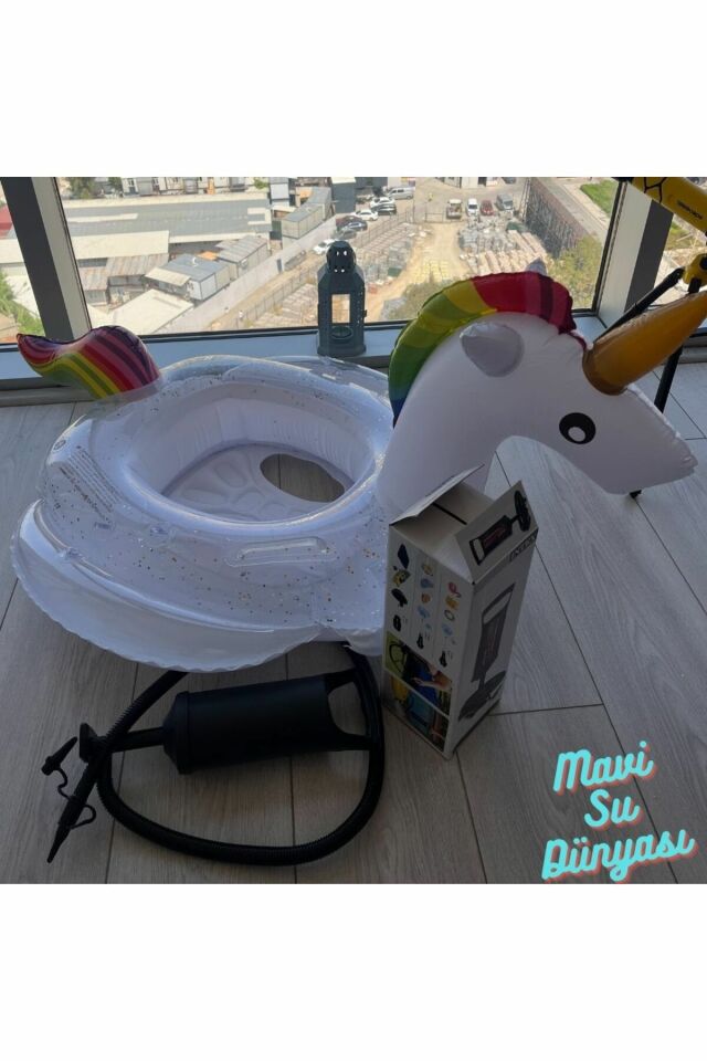 Pompa Dahil Gölgelikli Beyaz Renk Unicorn, Deniz Simidi, Bebek Havuz Simidi, 0-4 Yaş 85cm