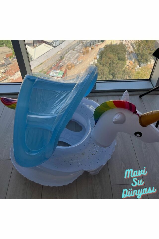 Gölgelikli Beyaz Renk Unicorn Bebek Deniz Simidi, Bebek Havuz Simidi, 0-4 Yaş 85cm