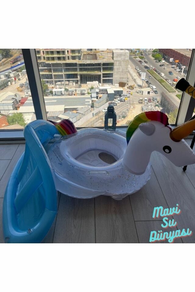 Gölgelikli Beyaz Renk Unicorn Bebek Deniz Simidi, Bebek Havuz Simidi, 0-4 Yaş 85cm