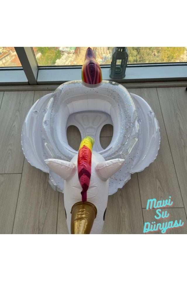Gölgelikli Beyaz Renk Unicorn Bebek Deniz Simidi, Bebek Havuz Simidi, 0-4 Yaş 85cm