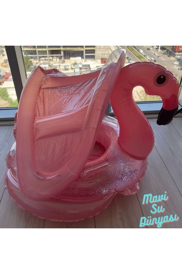 Gölgelikli Pembe Renk Flamingo Bebek Deniz Simidi, Bebek Havuz Simidi, 0-4 Yaş 85cm