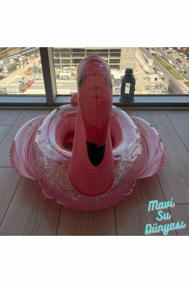 Gölgelikli Pembe Renk Flamingo Bebek Deniz Simidi, Bebek Havuz Simidi, 0-4 Yaş 85cm