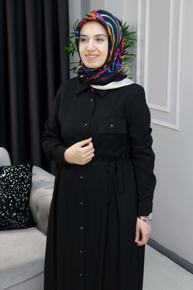 FREE MOOD Düğme Detaylı Kuşaklı Elbise MAVİ - 46