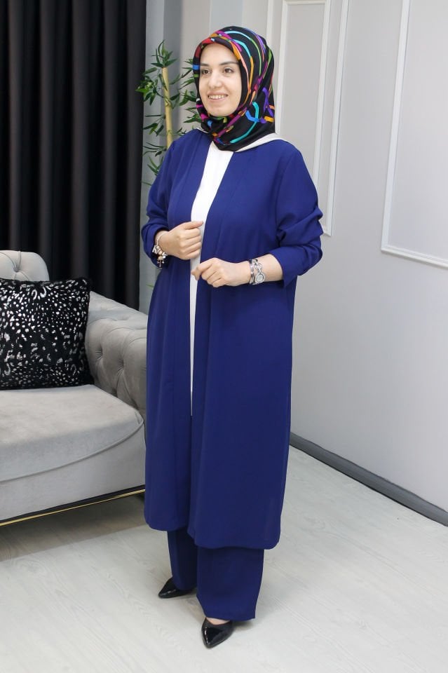 AYŞE AKAY Krep Kumaş Sade İkili Takım İndigo - 4