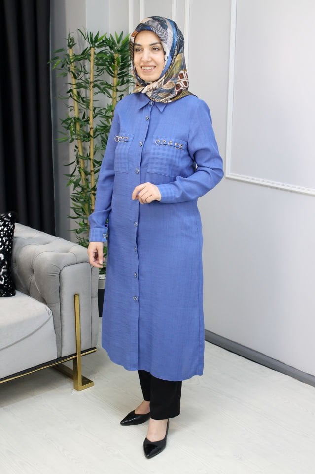 FREEMOOD Kuş Gözü Cep Detaylı Tunik MAVİ - 44