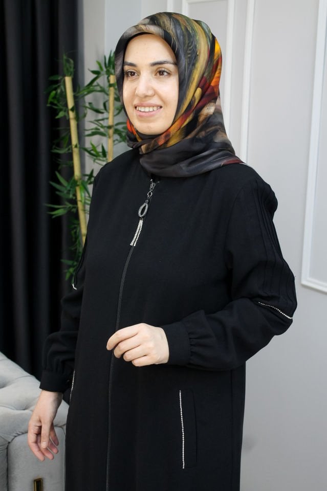 KADO Cep ve Kol Taş Detaylı Ferace  SİYAH - 52