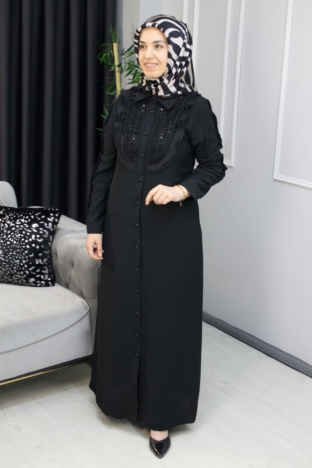 FREE MOOD Güpür Detay Boydan Elbise 48 - Siyah
