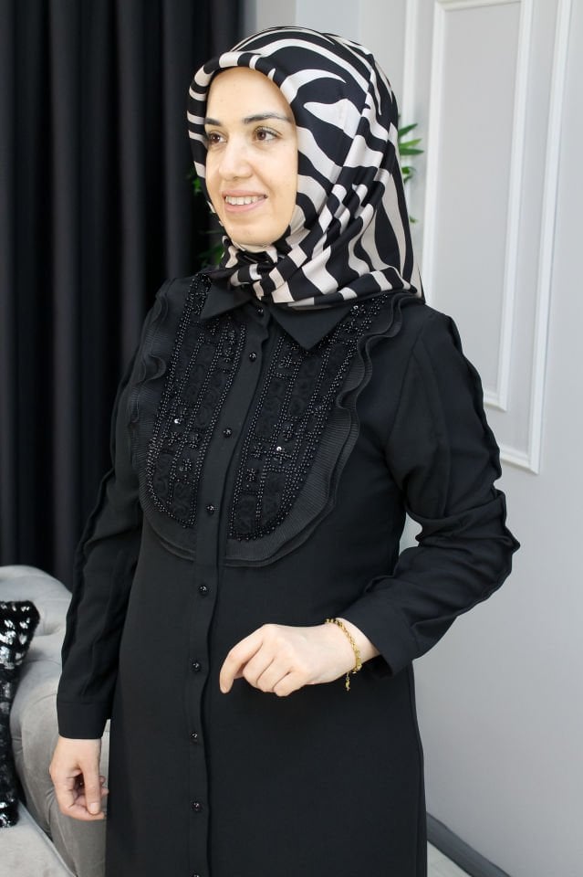 FREE MOOD Güpür Detay Boydan Elbise 48 - Siyah