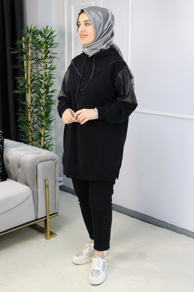 Deri Detaylı Sweat 1 -  SİYAH