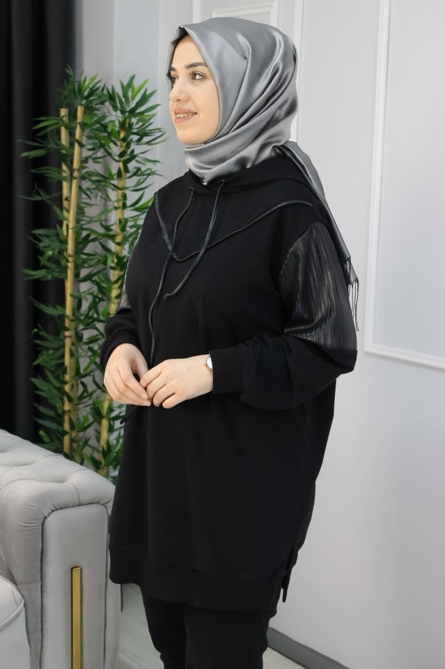 Deri Detaylı Sweat 1 -  SİYAH