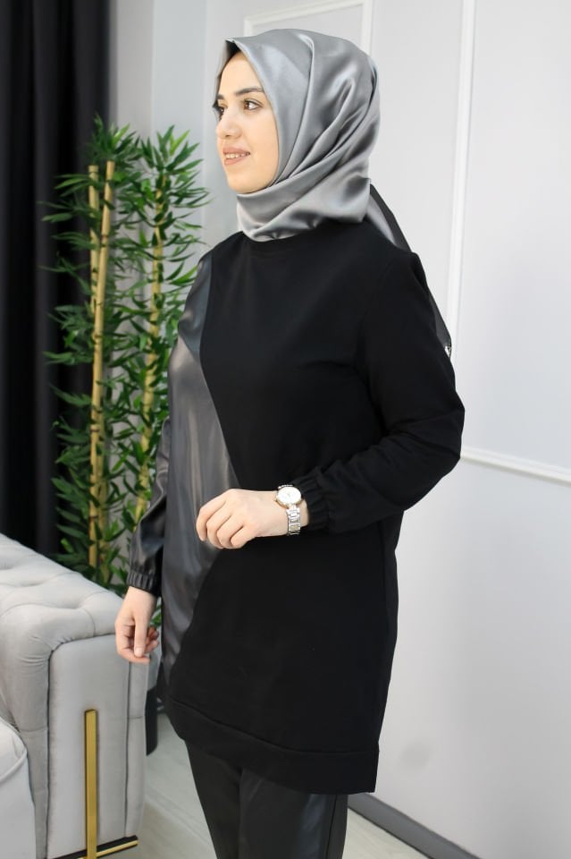 NOSHE Asimetirik Deri Görünümlü Tunik  SİYAH - 1