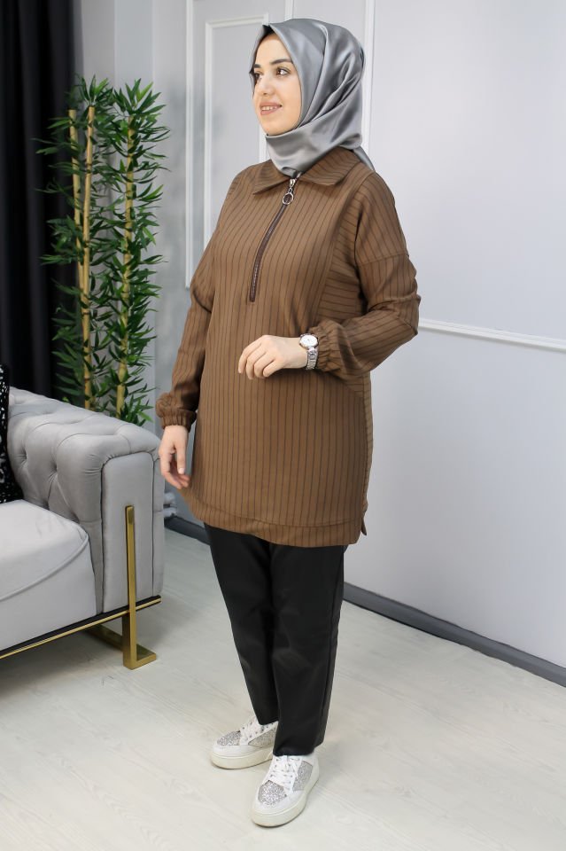 KADO Fermuar Detaylı Çizgili Kısa Tunik KAHVERENGİ - 46