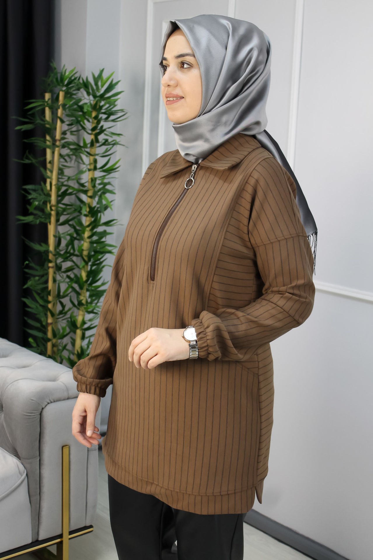 KADO Fermuar Detaylı Çizgili Kısa Tunik KAHVERENGİ - 46