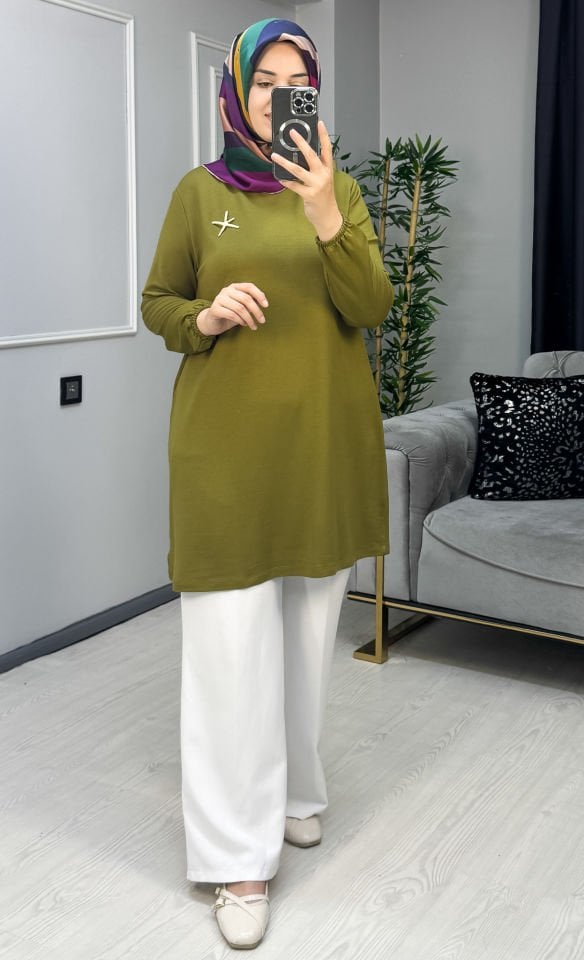 KADO Kolları Lastikli Tunik Yağ Yeşili - 42