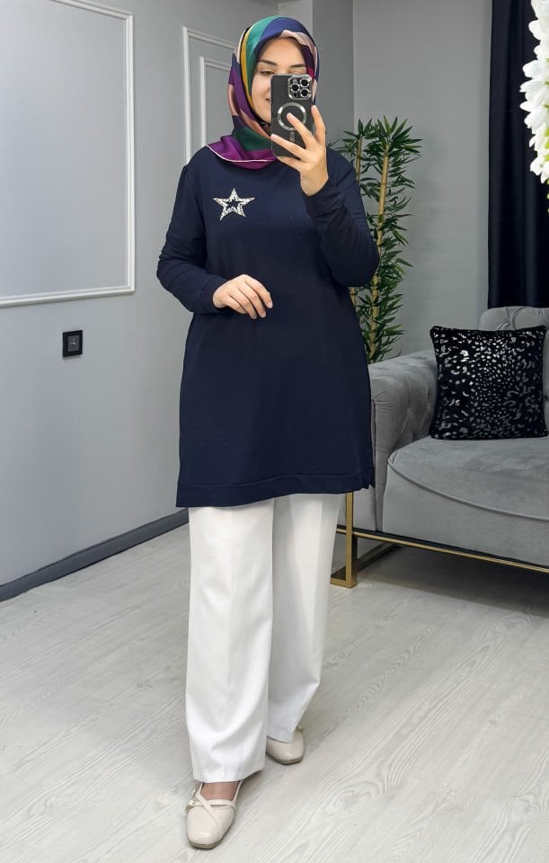 KADO Yıldız Taş Detaylı Tunik Lacivert - 44