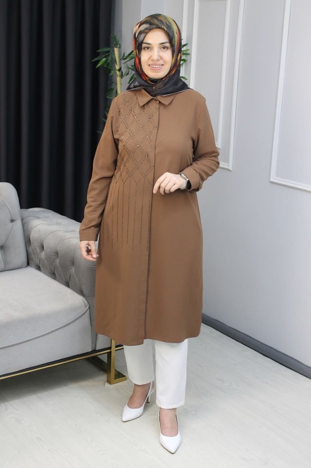 QETEN Baklava Desen Taşlı Tunik Kahve - 52