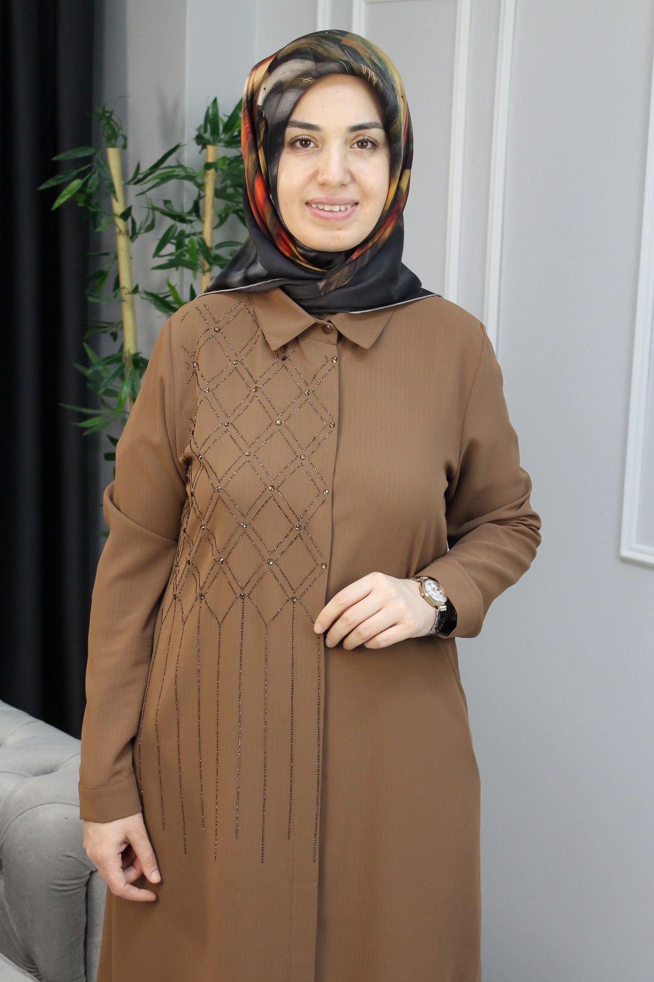 QETEN Baklava Desen Taşlı Tunik Kahve - 52