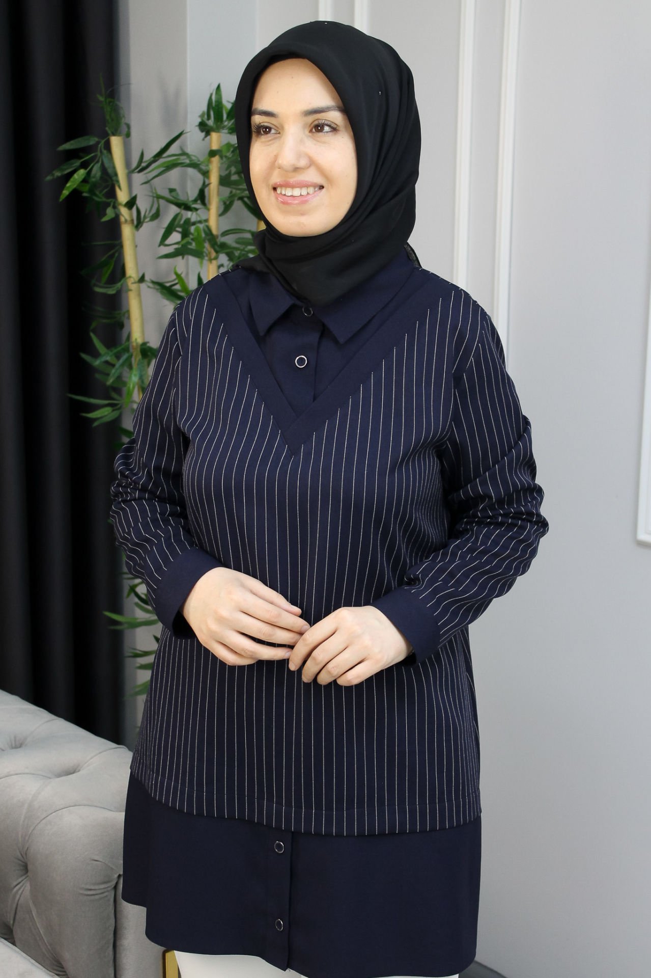 QETEN Çizgi Detaylı Tunik Lacivert - 48