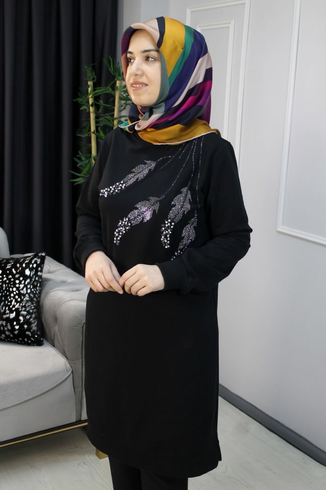 AYŞE AKAY Yaprak Desenli Taş Detaylı Penye Tunik Siyah