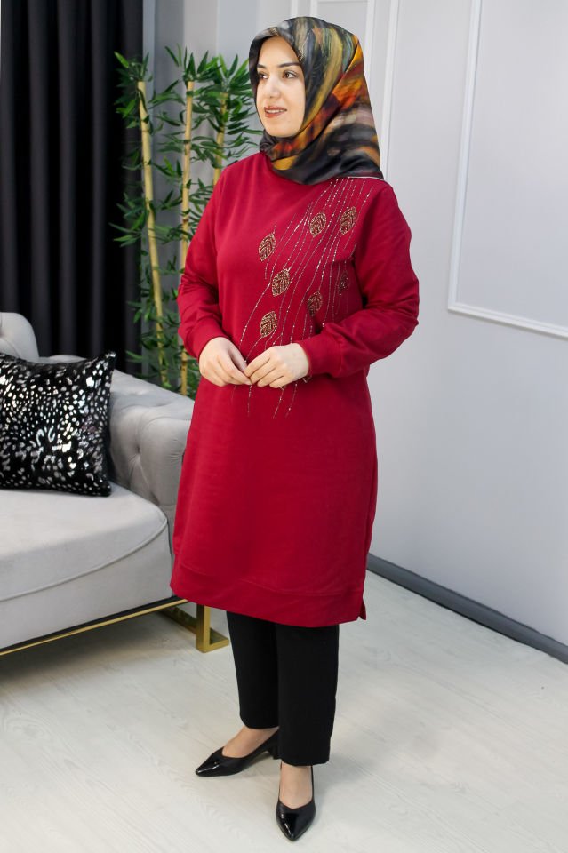 AYŞE AKAY Dal Desenli Taş Detaylı Penye Tunik ZÜMRÜT YEŞİLİ - 1 BEDEN