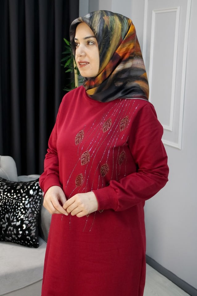 AYŞE AKAY Dal Desenli Taş Detaylı Penye Tunik ZÜMRÜT YEŞİLİ - 1 BEDEN