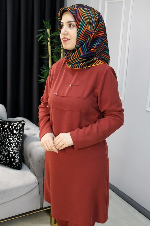 MELİH Nervürlü Tunik Ve Pantolon Taş Detaylı İkili Takım Taba - 42