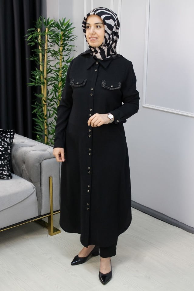 MELİH Leopar Detaylı Tam Boy Tunik Kahve - 48