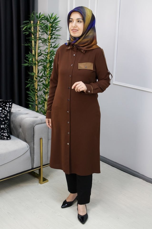 KADO Kol Detaylı Krep Tunik Kahve - 50