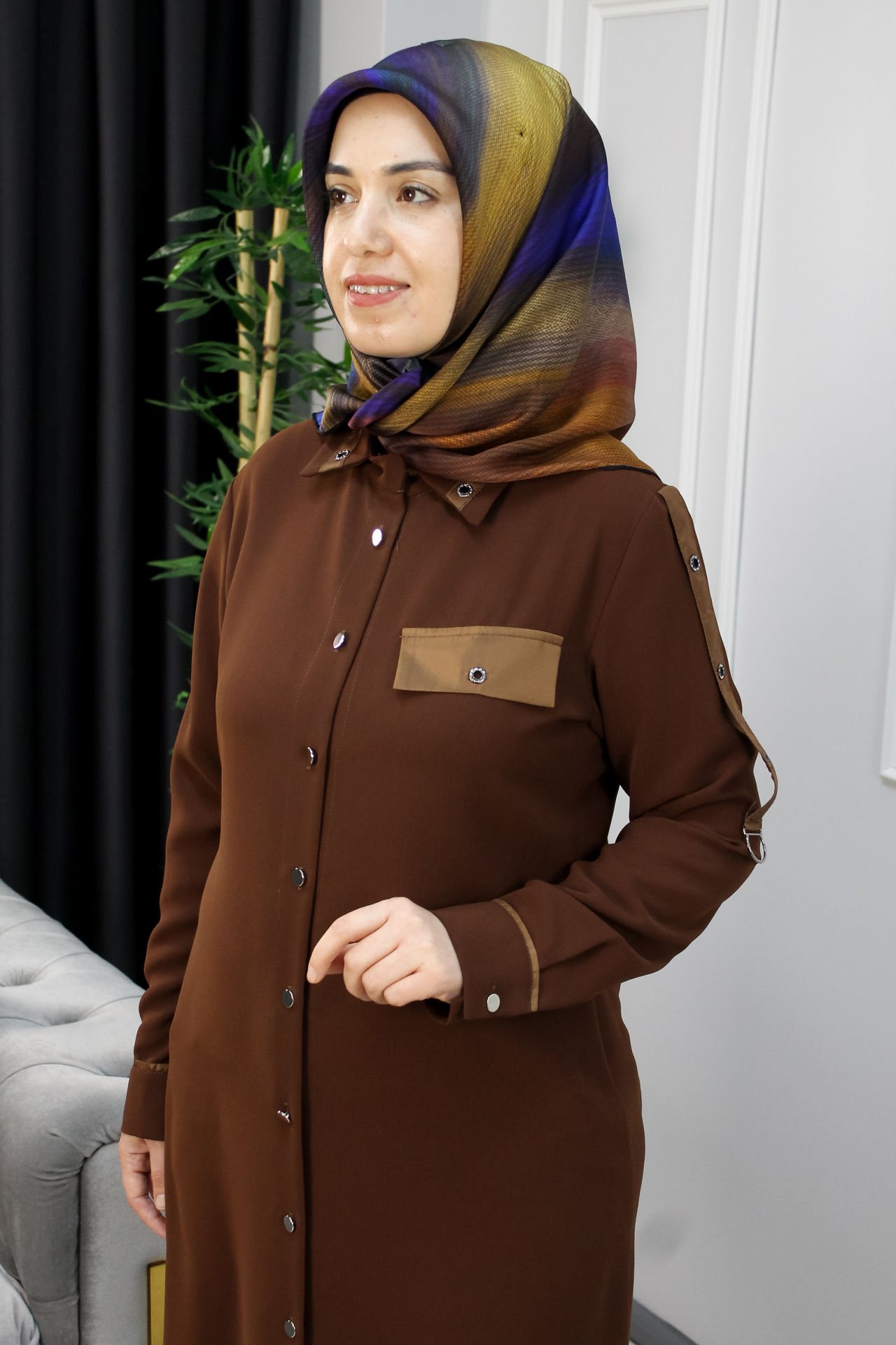 KADO Kol Detaylı Krep Tunik Kahve - 50