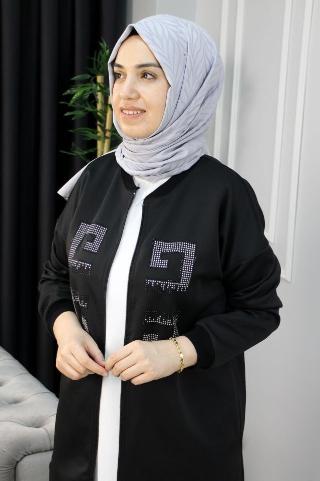 ECE TRİKO Fermuarlı Taşlı İkili Takım Siyah - 3 BEDEN
