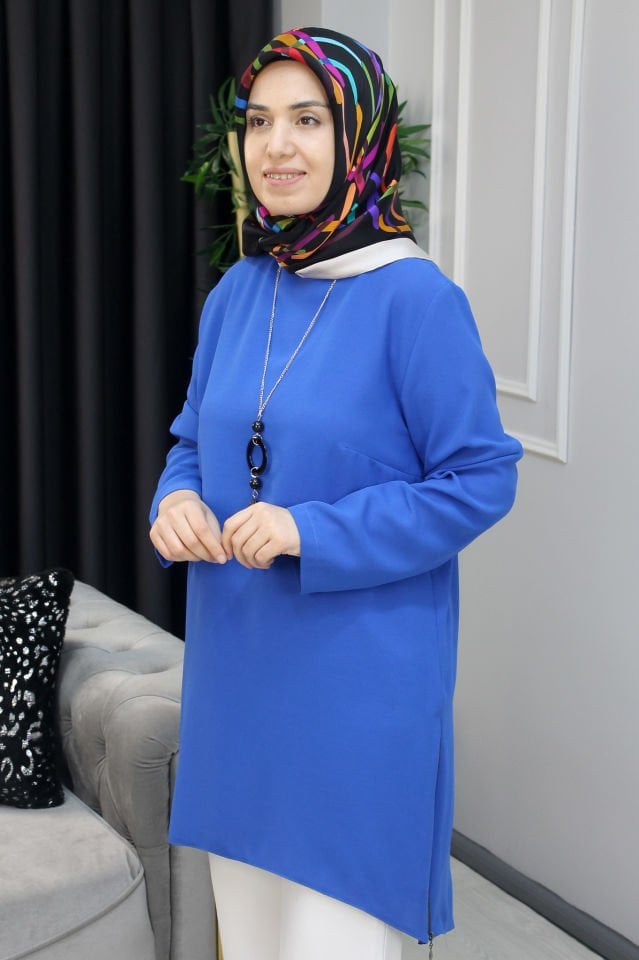ÖZ KONAR Krep Kumaş Yanı Fermuarlı Tunik FUŞYA - 48
