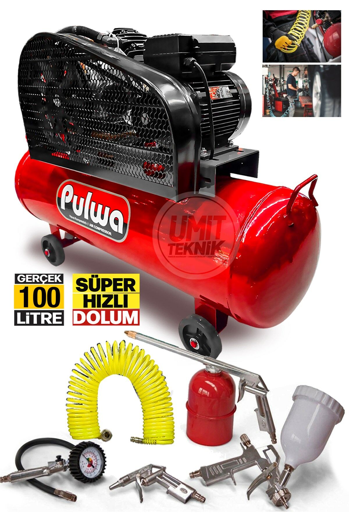 Çift Pistonlu 100 Litre 8 Bar / 2hp  Yağlı Sesli Süper Hızlı Dolum Kompresör Havalı Set