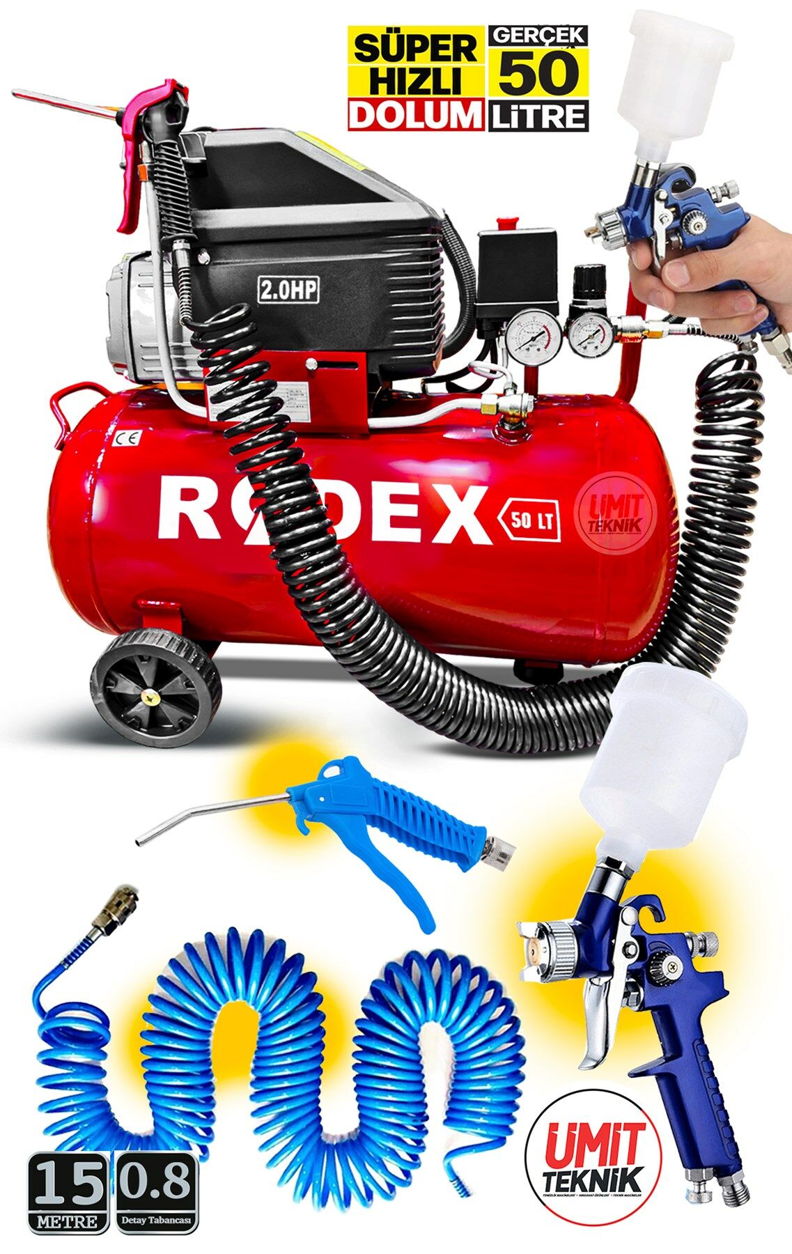  Bakır SargıMotor Gölge Detay Tabancası 50LT 2 HP 1500 W Süper Hızlı Dolum Hava Kompresörü boya Set