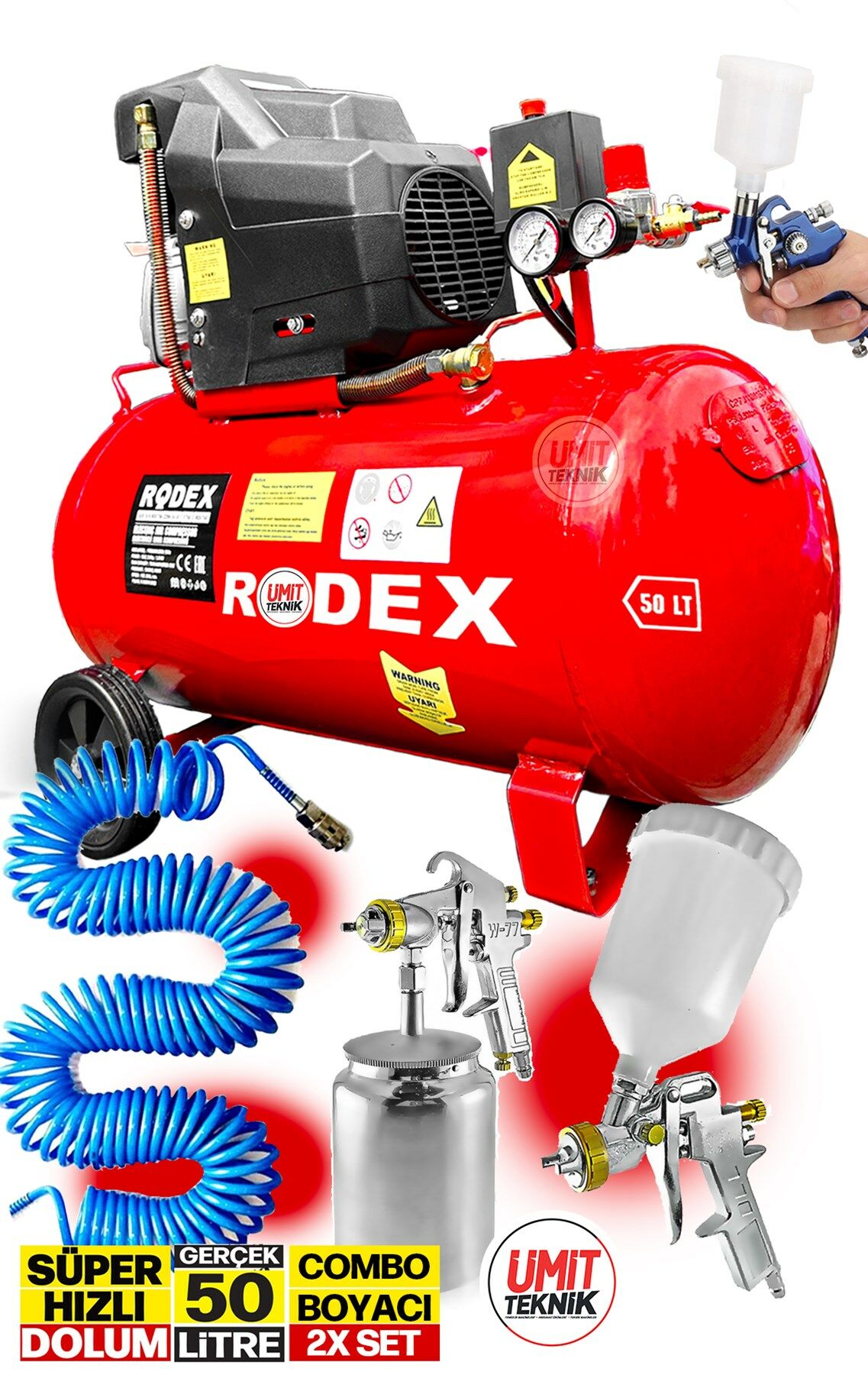 Bakır Sargı Motor Gerçek 50LT 2HP Süper Hızlı Dolum Roller Hava Kompresörü Havalı Boya Set