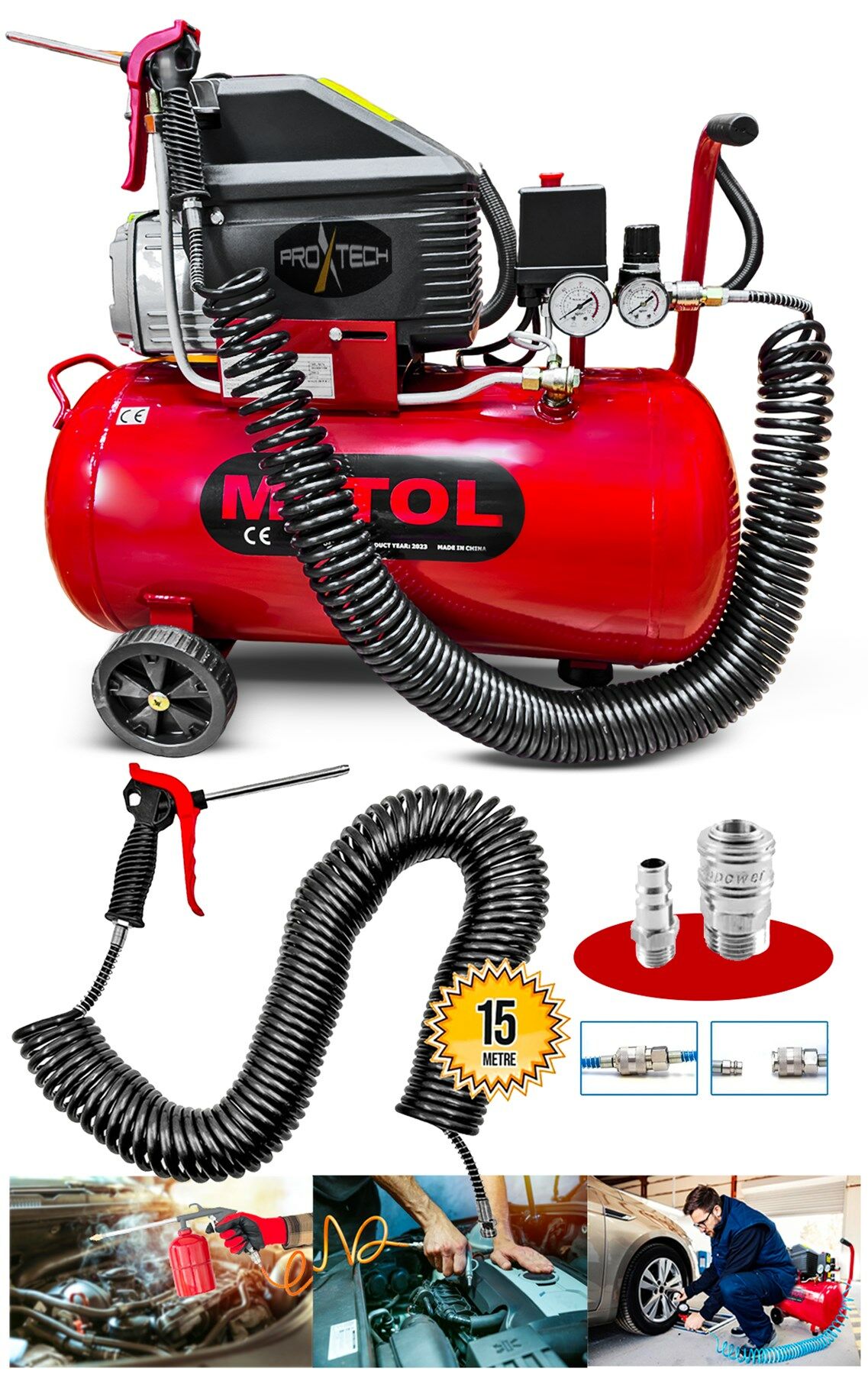 En Çok Tercih Edilen 2HP 50 Litre 8Bar Boya ,Lastik Hava Kompresörü 15Mt Spiral Hortum Stoper Kit