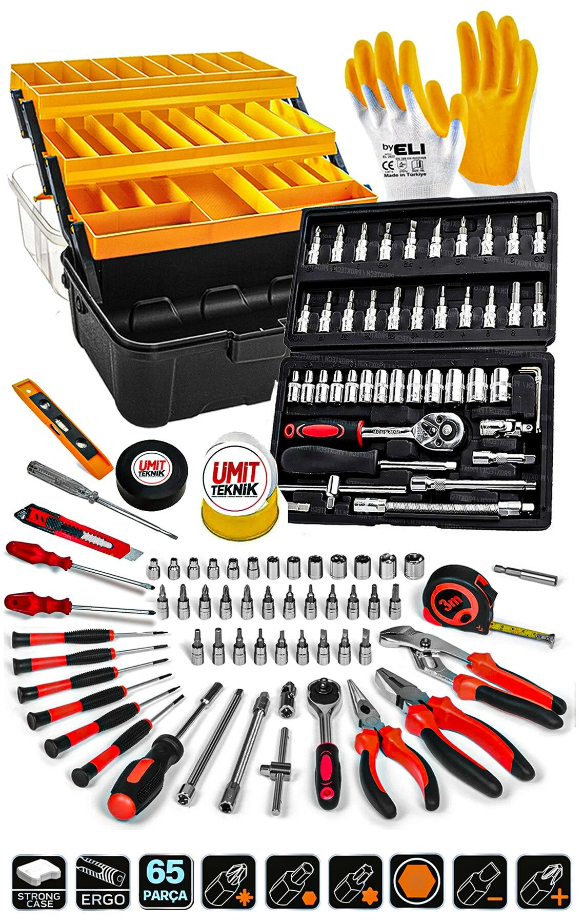 Lüks  Seri  65 Pcs Full Takım 46Lokma Set PenseYankeski,Tornavida Set,3 Metre Combo Seti Takım